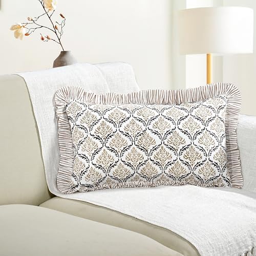 CPC Block Print Sandstone Regal Ruffle Cotton Lumbar Pillow Cover 12x20 inch by COTTONPRINTCLUB