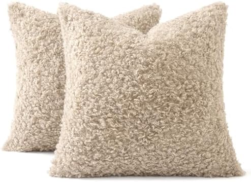 MIULEE Decorative Faux Fur Pillow Covers Sherpa 16x16 Oatmeal - Image 6