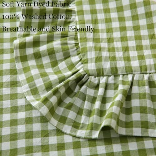 Silnuo Olive Green/White Gingham Ruffle Pillow Covers Queen Size 20"x30" - Image 5