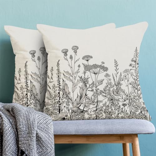 AEIOAE Black White Gray Pillow Covers 18x18 Inch Set of 2, Spring Wildflower - Image 2