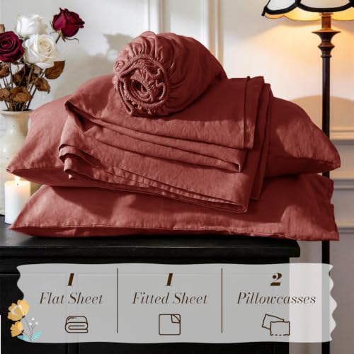 SONORO KATE 100% French Linen Queen Size Sheets Set, Natural Flax Bedding - Image 7