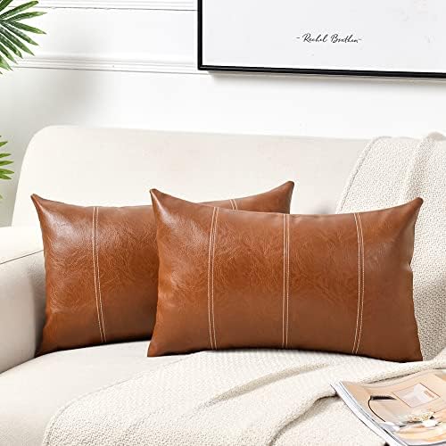Fancy Homi Brown Boho Long Lumbar Faux Leather Decorative Throw Pillow Covers - Image 2
