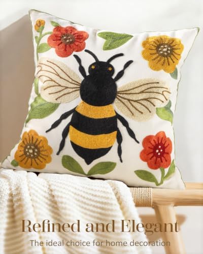 Animal Embroidered Throw Pillow Cover 20x20 Inch, Bee Floral - Image 5