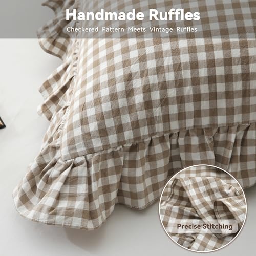 Warm Taupe Gingham Body Pillow Cover 20x54, Ruffled Cotton Sham - Image 5