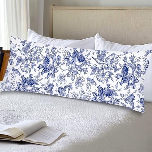 Blue and White Porcelain Floral Body Pillow Cover 20x54 Long Pillow Case by Unknown