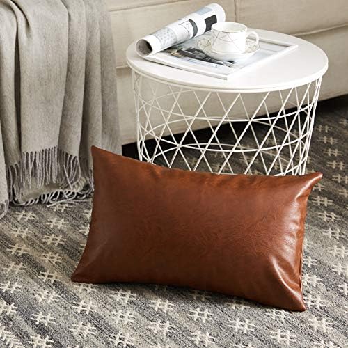 Fancy Homi Brown Boho Lumbar Faux Leather Decorative Throw Pillow Covers 14x24 - Image 2