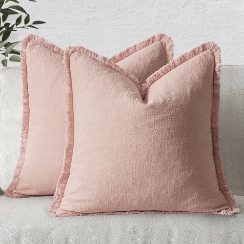 MIULEE Boho Linen Fringe Decorative Throw Pillow Covers Pink 18x18 by MIULEE