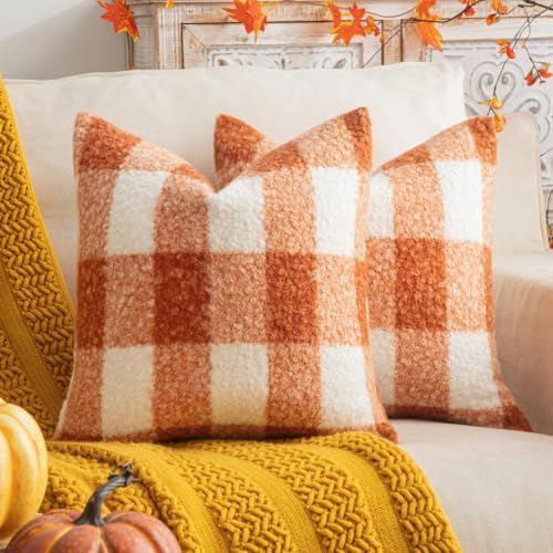 AQOTHES Plaid Fall Throw Pillow Covers Orange Write 20x20 Inch Set of 2 by AQOTHES