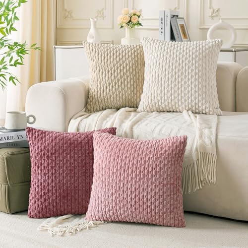 Set of 4 Pink Beige White Decorative Throw Pillow Covers 22x22 Inch Corduroy by Cozoomy