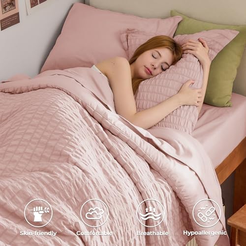 HYMOKEGE Rose Gold Twin Comforter Set Seersucker 5 Pieces, All Season Luxury - Image 2
