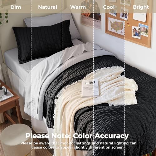 HYMOKEGE Black/Light Grey Twin Comforter Set Seersucker 5 Pieces, All Season - Image 5