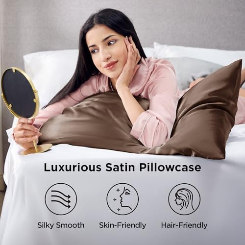 Bedsure Satin Pillowcases King Set of 2, Similar to Silk Pillow Cases Brown - Image 2