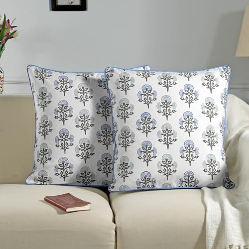 Ridhi Block Print Mughal Buta Blue Pillow Cover 24" x 24" Decorative Couch by Ridhi