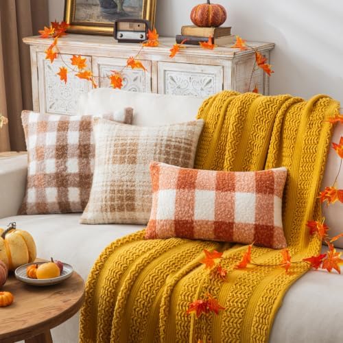 AQOTHES Plaid Fall Throw Pillow Covers Orange Write 12x20 Inch Set of 2 - Image 3