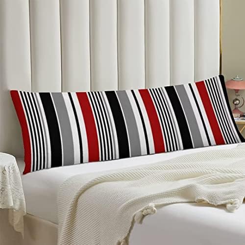 Abstract Stripes Body Pillow Cover Red and Black White Grey Striped Long Pillow - Image 2