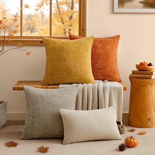 a moment Fall Mustard Yellow Chenille Throw Pillow Covers 18x18 Inch Pack of 2 - Image 3