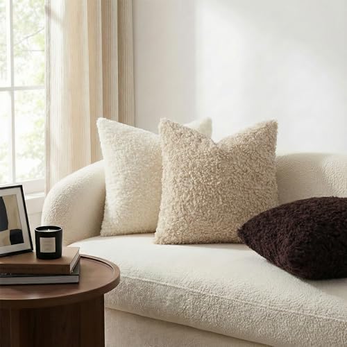 decorUhome Sherpa Throw Pillow Covers 12x20 Set of 2 Neutral Oatmeal - Image 2