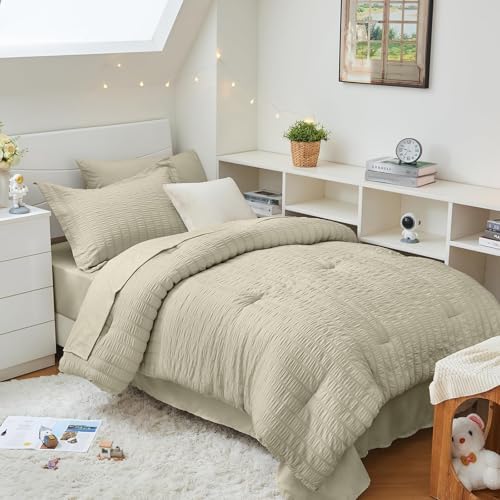 HYMOKEGE Light Linen Twin Comforter Set Seersucker 5 Pieces, All Season Luxury by HYMOKEGE