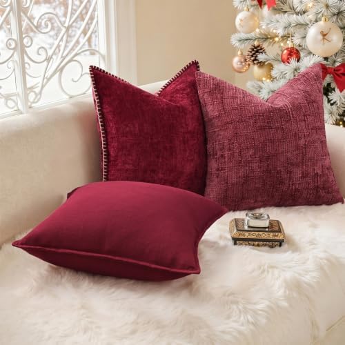 decorUhome Textured Chenille Throw Pillow Covers 22x22 Set of 2 Burgundy - Image 2
