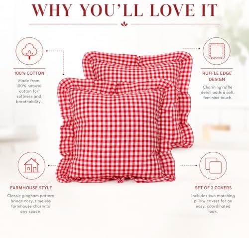 JoraLion Ruffled Throw Pillow Cover 18x18 Gingham Red - Image 5