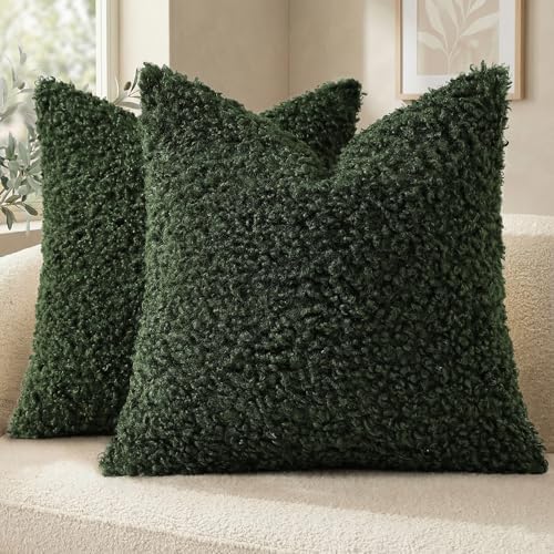 decorUhome Sherpa Decorative Throw Pillow Covers 18x18 Set of 2 Olive Green by decorUhome
