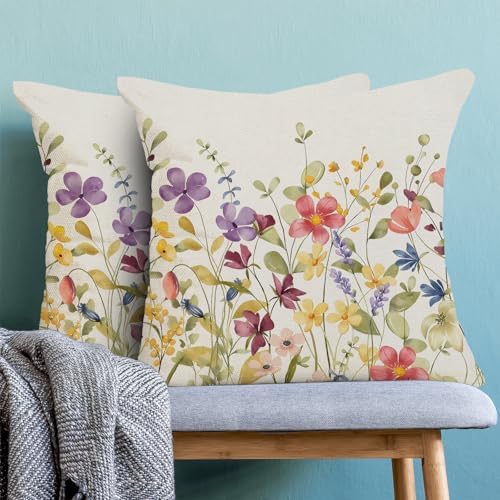 AEIOAE Spring Pillow Covers 16x16 Inch Set of 2, Colorful Wild Flower Leaves - Image 2