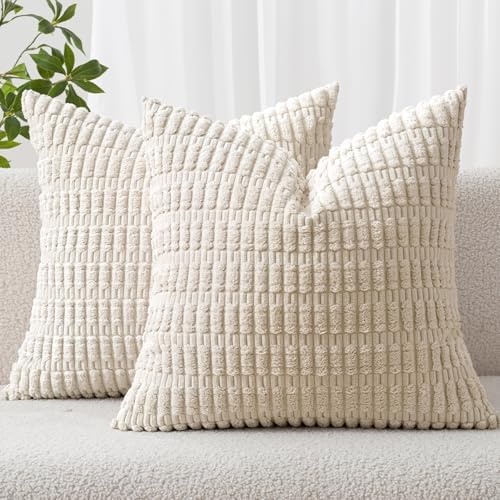 MIULEE Corduroy Decorative Throw Pillow Covers 16x16 Cream White Pack of 2 by MIULEE