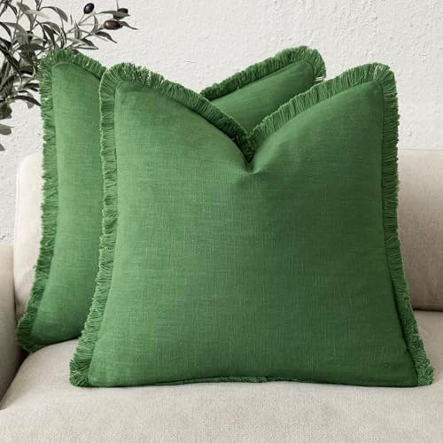 Foindtower Decorative Linen Fringe Throw Pillow Covers 18×18 Forest Green by Foindtower