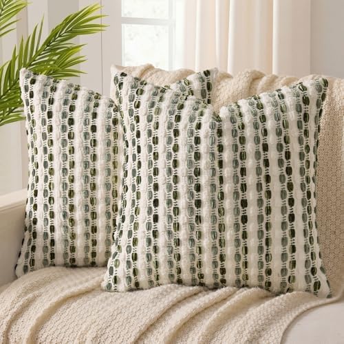 ANRODUO Boho Decorative Throw Pillow Covers Cream Olive 18x18 Inch Set of 2 by ANRODUO