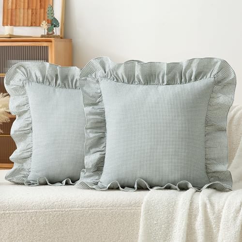 Gingham Throw Pillow Covers 18x18, Ruffle Trim - Image 7