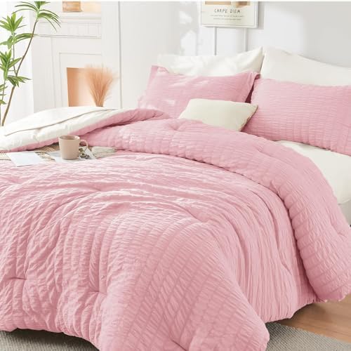 HYMOKEGE Pink/Ivory California King Comforter Set Seersucker 7 Pieces, All by HYMOKEGE