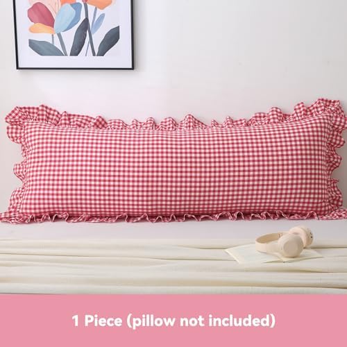 Red Gingham Body Pillow Cover 20x54, Ruffled Cotton Sham - Image 2