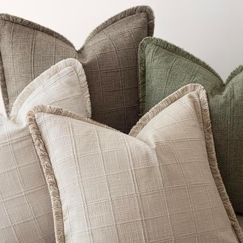 Foindtower Set of 2 Decorative Linen Check Fringe Throw Pillow Covers Farmhouse - Image 4
