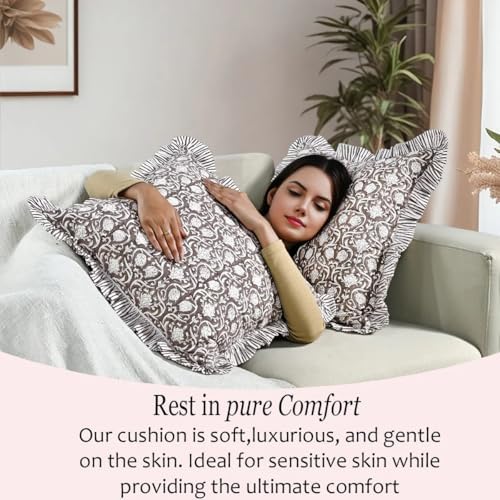 CPC Mocha Regal Hand Block Print 100% Cotton Ruffle Throw Pillow Cover 24x24 - Image 5