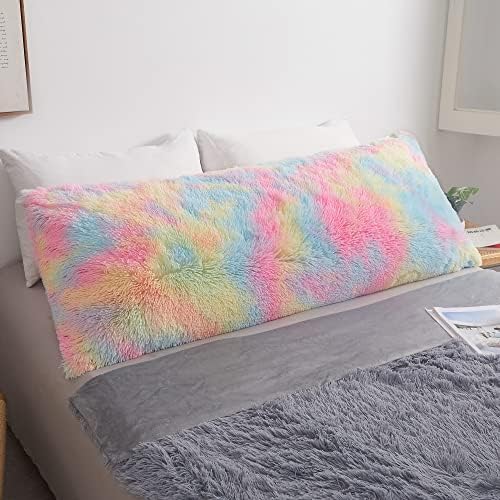 MEGO Rainbow Print Fluffy Faux Fur Body Pillow Cover 20x54 by MEGO