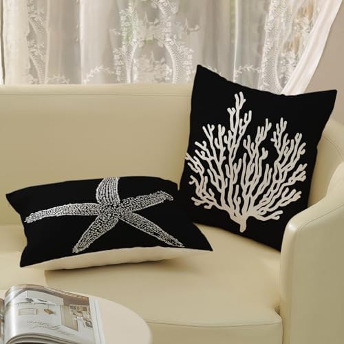 Coastal Pillow Covers 20x20 Set of 2 Black Starfish Throw Pillows Nautical - Image 4