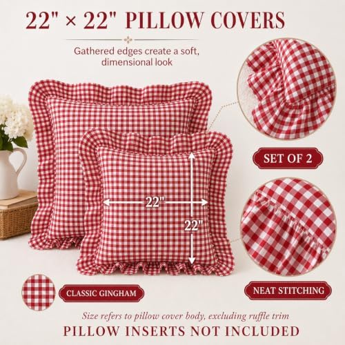 Gingham Throw Pillow Covers 22x22, Ruffle Trim - Image 6