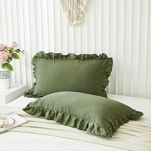 Olive Green Pillow Shams Dark Green Ruffle Queen Pillowcases Cute Pillow Cover by Merryword
