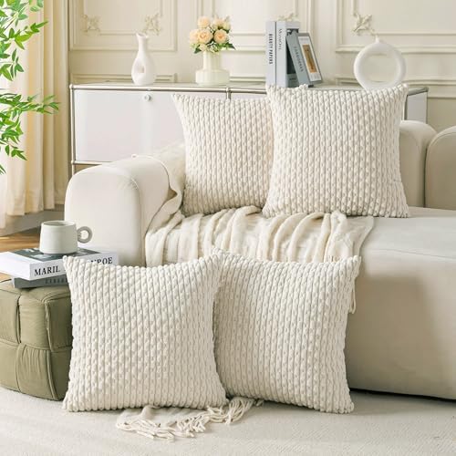 Set of 4 Cream White Decorative Throw Pillow Covers 16x16 Inch Corduroy Pillow by Cozoomy