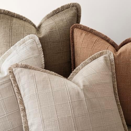 Foindtower Set of 2 Decorative Linen Check Fringe Throw Pillow Covers Farmhouse - Image 4