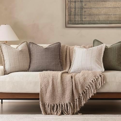 Foindtower Set of 1 Decorative Linen Check Fringe Throw Pillow Cover Long - Image 7