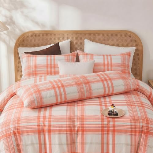 Merryword 100% Cotton Body Pillow Cover, 20 x 54, Washed Cotton Coral Plaid - Image 4