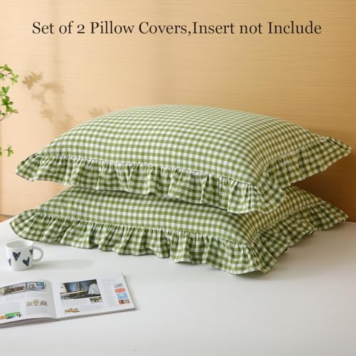 Silnuo Olive Green/White Gingham Ruffle Pillow Covers Queen Size 20"x30" - Image 2