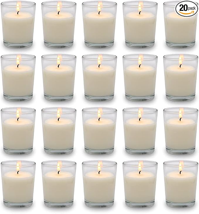 Set of 20 White Votive Candles Clear Glass Filled Unscented Soy Wax Candle by BERYSCEN