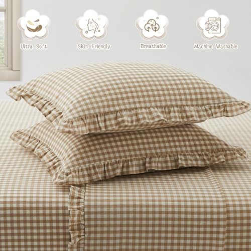 KKJIAF 2 Pcs Plaid Ruffle Pillow Case Queen Size, Taupe Plaid - Image 5