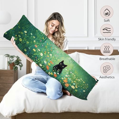 Floral Black Cat 20x54 Body Pillow Cover, Cats Lovers Lady Gifts, Cat Gifts - Image 3