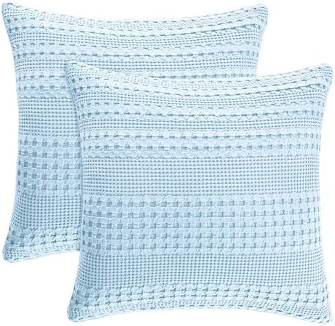 PHF Cotton Waffle Weave Euro Sham Covers 26" x 26", Baby Blue, No Insert by PHF