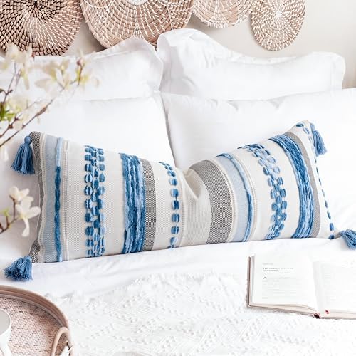 PANOD Boho Long Lumbar Throw Pillow Cover 14 x 36 Blue, Chenille Morocan Extra by PANOD