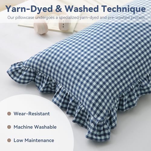 Navy Gingham Body Pillow Cover 20x54, Ruffled Cotton Sham - Image 5