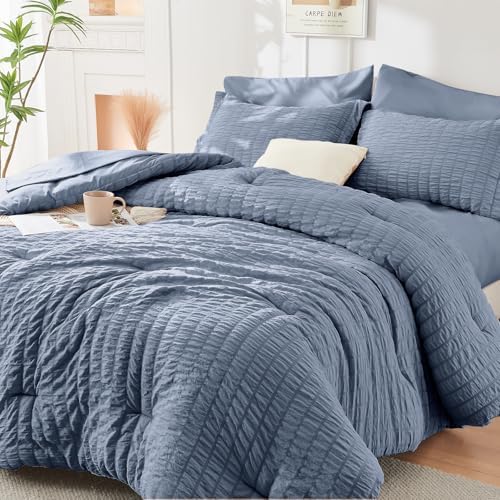 HYMOKEGE Nordic Blue Twin Comforter Set Seersucker 5 Pieces, All Season Luxury - Image 7